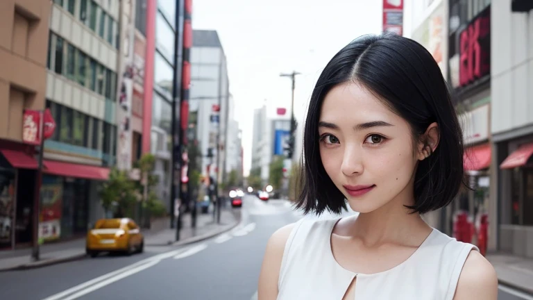 Tabletop, highest quality, shape, Very detailed, finely, High resolution, 8k wallpaper, 完璧なダイナミックな構shape, finelyて美しい目, Simple monochrome outfit、Hair color is black、short hair,Natural color lip, smile,Harajuku、26-year-old woman、cute、Looking at the camera、Cityscape、