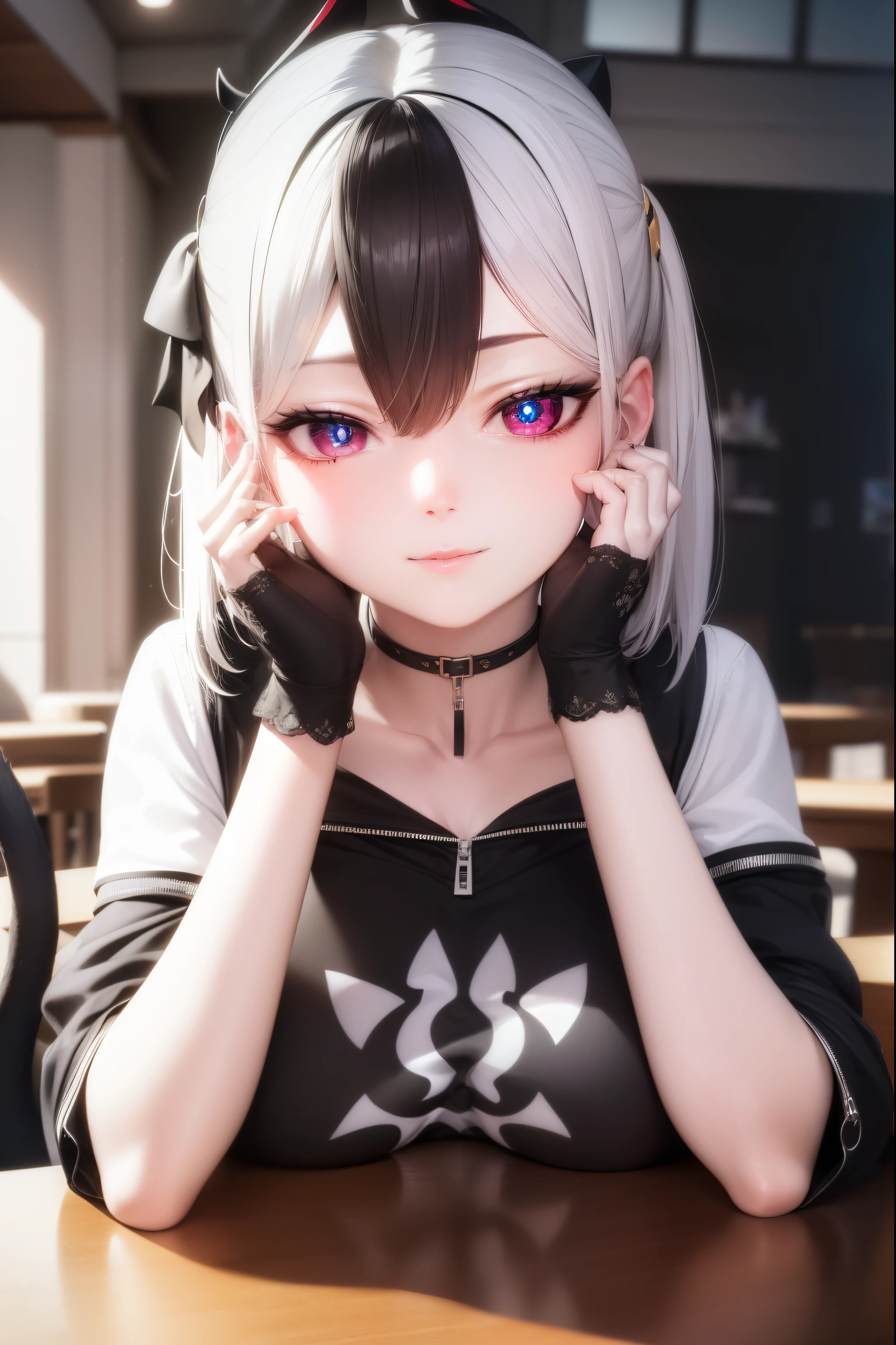 ((best quality)), ((highly detailed)), masterpiece, absurdres, (white hair with black bang),(detailed eyes, deep yellow eyes), (1girl), yandere trance, yandere, hands on own face, hands on own cheeks, shaded face, ((glowing eyes)), (upper body), hexmaniacms, ((@.@)), bags under eyes, ahoge, headband, black hair, pale skin, big breasts, , black clothes, (at a cafe, coffee, noon),
BREAK black hoodie, choker, hood, hoodie, pleated skirt, skirt, red skirt,
BREAK (masterpiece:1.2), best quality, high resolution, unity 8k wallpaper, (illustration:0.8), (beautiful detailed eyes:1.6), extremely detailed face, perfect lighting, extremely detailed CG, (perfect hands, perfect anatomy),(YELLOW EYES) (BEAUTIFUL WOMAN) (YELLOW HAIR), (SADISIC SMILE) (CAT EARS) 