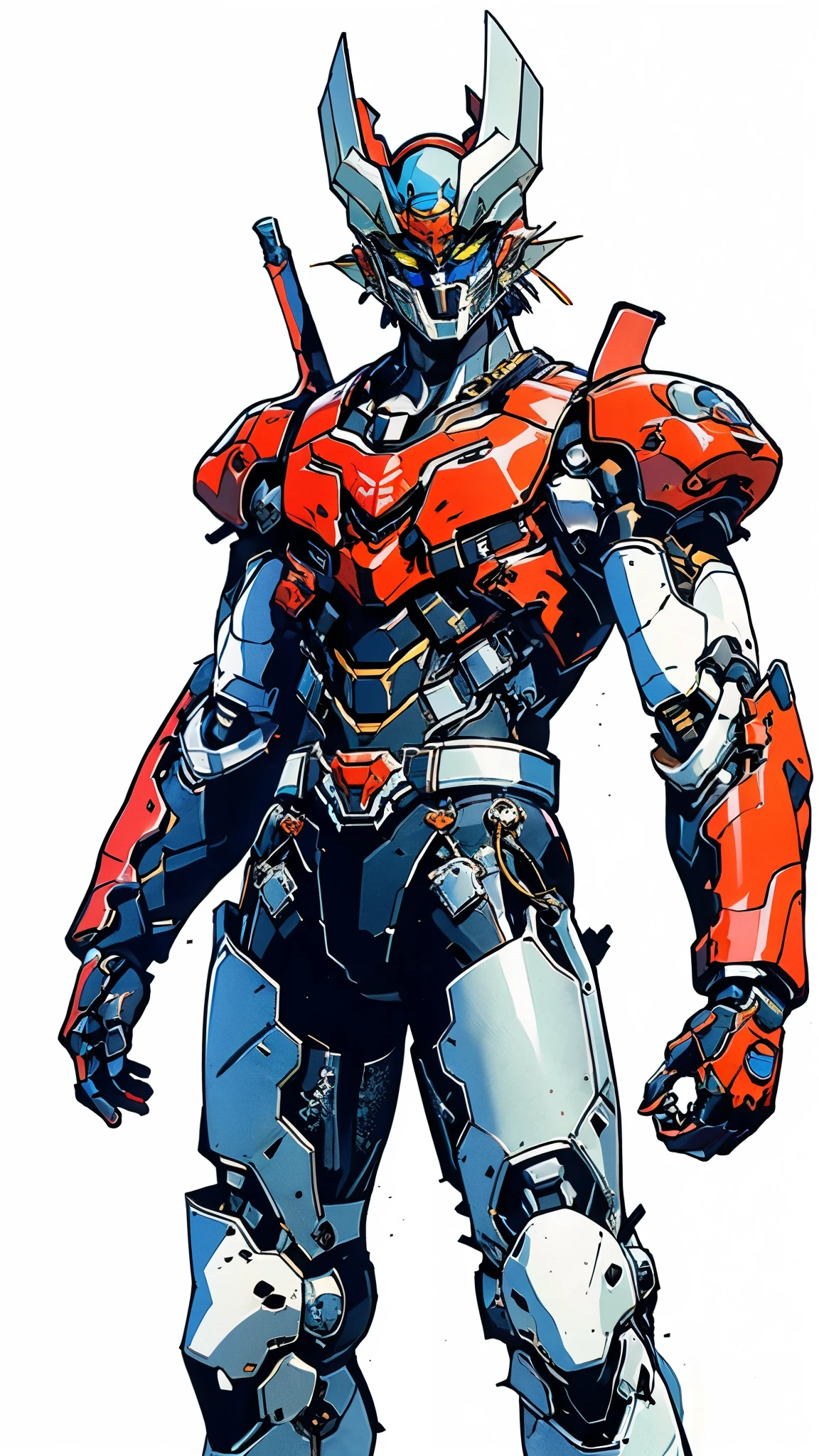 A man wearing a full-face helmet, a fantasy-style biotech armored combat suit, green eyes, (a composite layered chest armor), fully enclosed shoulder guards, matching arm and leg guards, the belt is adorned with Z mark, (the color scheme is primarily white with red and blue accents), the design balances heavy with agility, a high-tech bio-mecha armor, (Armor Concept Inspired by Mazinger Z, stand on the top of a skyscraper in a futuristic sci-fi city), this character embodies a finely crafted fantasy-surreal style armored hero in anime style, exquisite and mature manga art style, (battle damage, element, plasma, energy, the armor glows), ((male:1.5)), metallic, real texture material, dramatic, high definition, best quality, highres, ultra-detailed, ultra-fine painting, extremely delicate, professional, perfect body proportions, golden ratio, anatomically correct, symmetrical face, extremely detailed eyes and face, high quality eyes, creativity, RAW photo, UHD, 32k, Natural light, cinematic lighting, masterpiece-anatomy-perfect, masterpiece:1.5