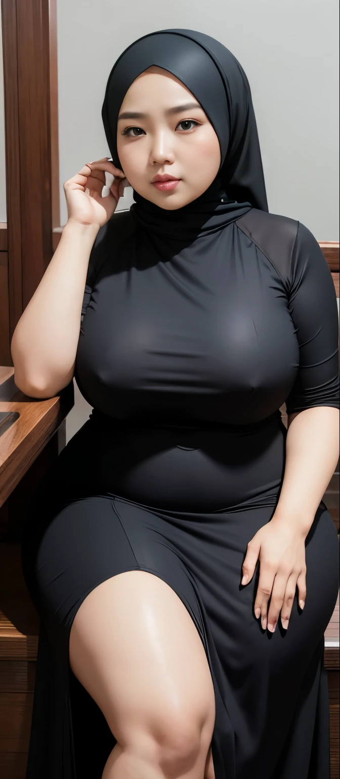 (Best quality,8k,ultra high res:1.2),(Pretty chinese-Indonesian girl),(Huge breasts:0.8),(long dress), (thick thighs:0.9), (obese body), (modern plain hijab ), (sfw), (40-year-old ), (SFW)