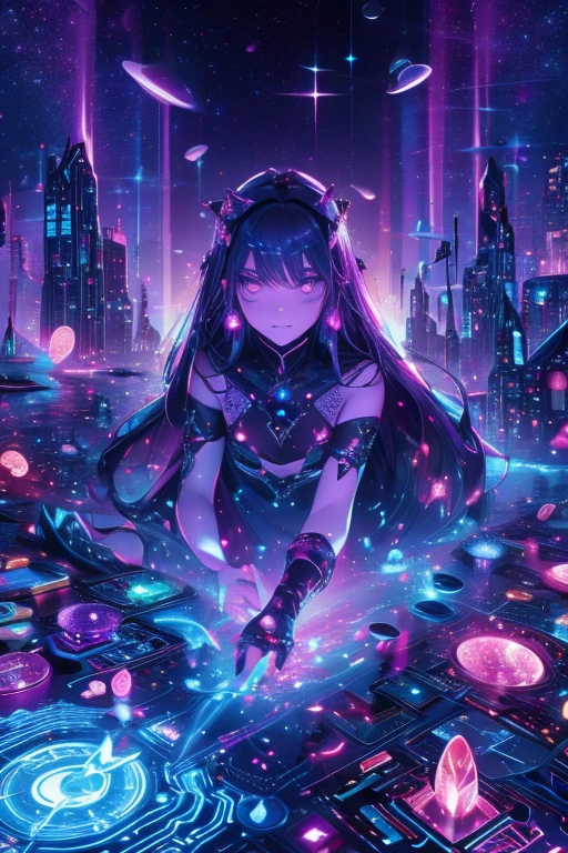 In the vast expanse of the galaxy, where countless stars twinkle like diamonds against the velvet backdrop of space, legends tell of a mysterious figure known as the Purple Cryptic Girl. This enigmatic being, shrouded in an aura of violet light, has been sighted across numerous star systems, leaving behind tales of wonder and bewilderment, long hair, UHD, masterpiece, super detail