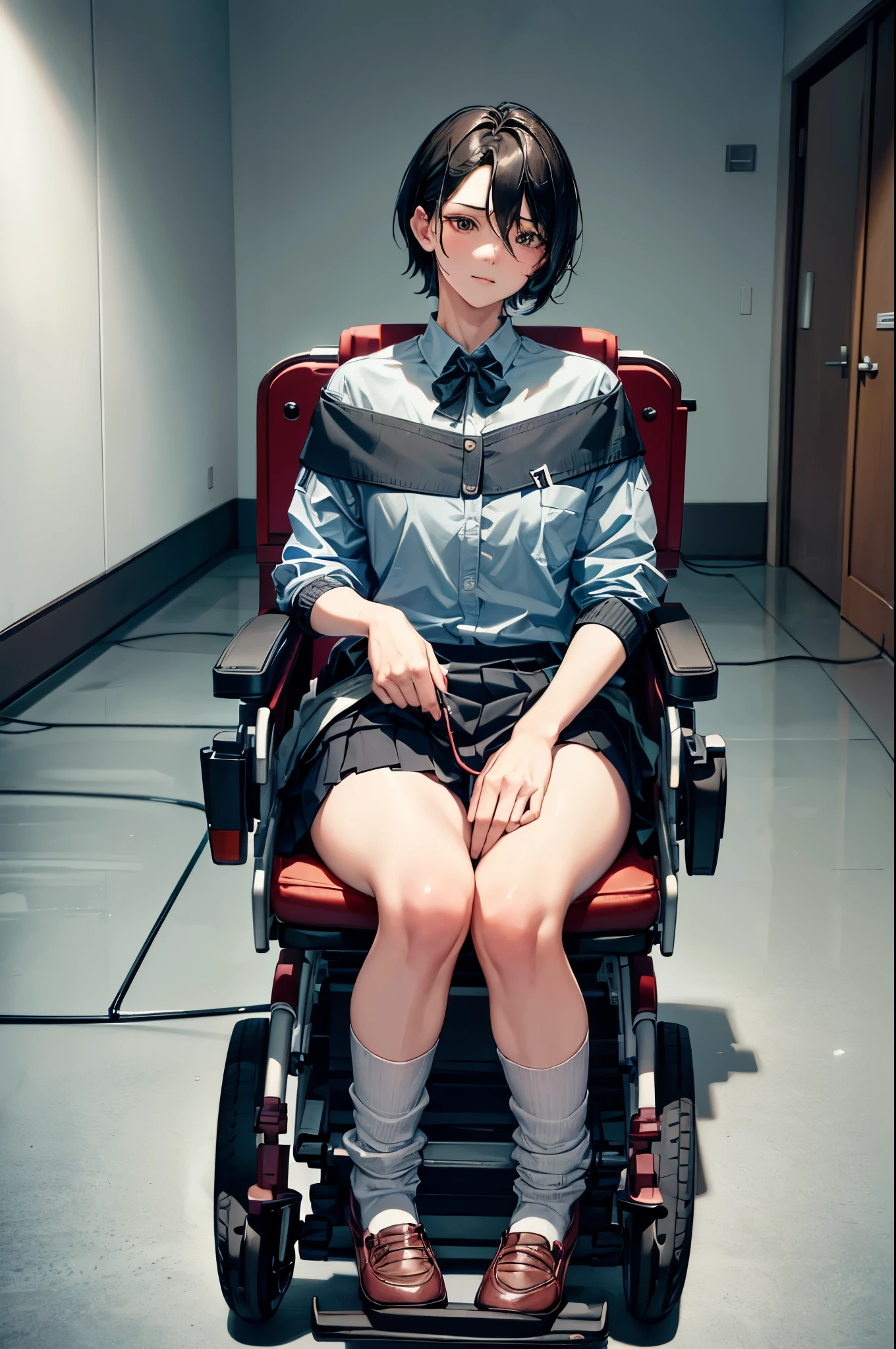 (Super detailed, realistic), hospital scene, [Moderately:Oil], [Professional:1.1], [Physically based rendering], [bright colors], [sharp focus], [studio lighting], [extreme details], [highest quality,4k,8K,High resolution,masterpiece:1.2],(detailed face),inside the house,inside the room,((One 18-year-old boy,femboy,trap)),(short black hair),(dark), [nervous eyes],(casual ladies fashion,off shoulder,skirt,socks,),((ride in an electric wheelchair)),((operate a power wheelchair))