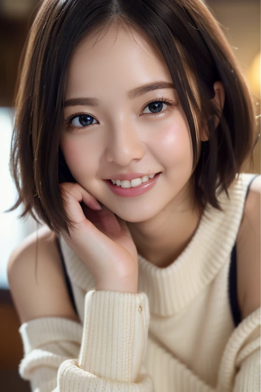 highest quality、Photorealistic、8k、High resolution、Perfect lighting、Gorgeouasterpiece、Realistic、Close-up portrait、
One Girl、Sharp Eye、Off-the-shoulder sweater、Mid-breasted、short hair、Look at the viewers、A kind smile、At the cafe、In the room、It is