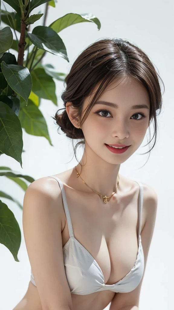 ((Masterpiece, Best Quality, High Definition)), 1 Girl, (Photorealistic: 1.4), Solo, White Background, Pure White Background, Mouth Closed, Happy Smile, Happy Smile, Pretty Black Hair, Short Hair, Big Eyes, Clear Double Eyelids, Eyelashes, Ears Out, Long Neck, Absolute Area, Skirt, 19 years old, attractive proportions, shiny skin, clean collarbone, face in golden proportions, perfect face, tearful mole, mole on chest, bangs, clean bangs, lip gloss, thin lips, white skin, naked, big breasts, bikini, sexy posed, full body