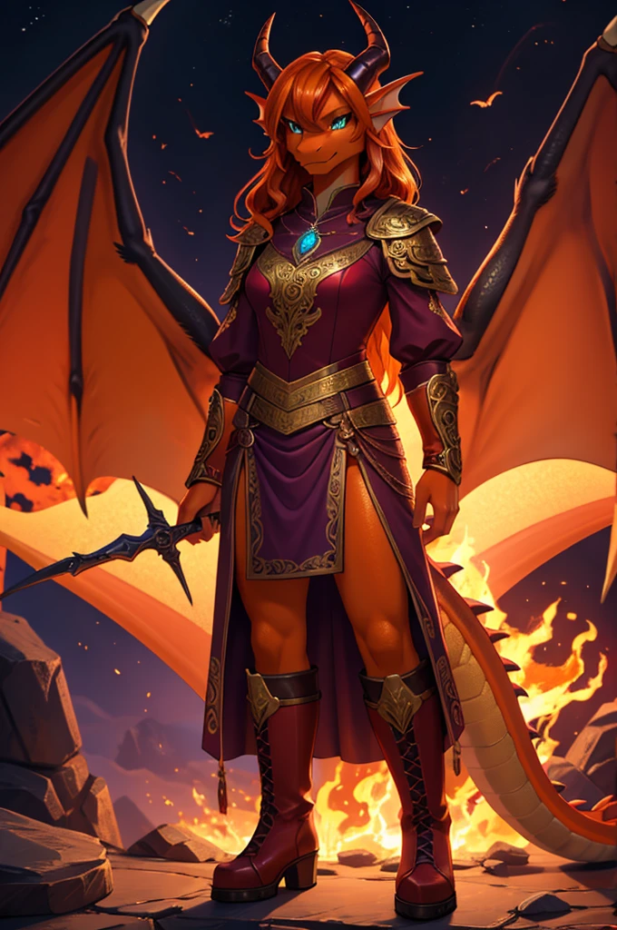 bright colors, fantasy style art, looking at viewer, facing viewer, beautiful anthropomorphic female dragon, mature and young, tall character, 5 feet 11 inches tall, dragon body, dragon head, dragon snout, dragon eyes, dragon skin, glowing teal eyes, orange skin, long wavy bright orange hair, shapely body, skinny body, healthy body, orange scaly dragon skin, highly detailed scales, covered in orange scales, purple and red warrior outfit, ornate red clothes, fancy purple patterns and symbols, 2 red dress coattails hanging down her sides, high brown leather boots, long draping red sleeves, 2 large orange dragon wings, wings on both sides, orange dragon horns, fiery background, standing in the fire, heroic look, slightly smiling, high quality digital art, 2k, professional illustration, dramatic lighting, cinematic composition, highly detailed