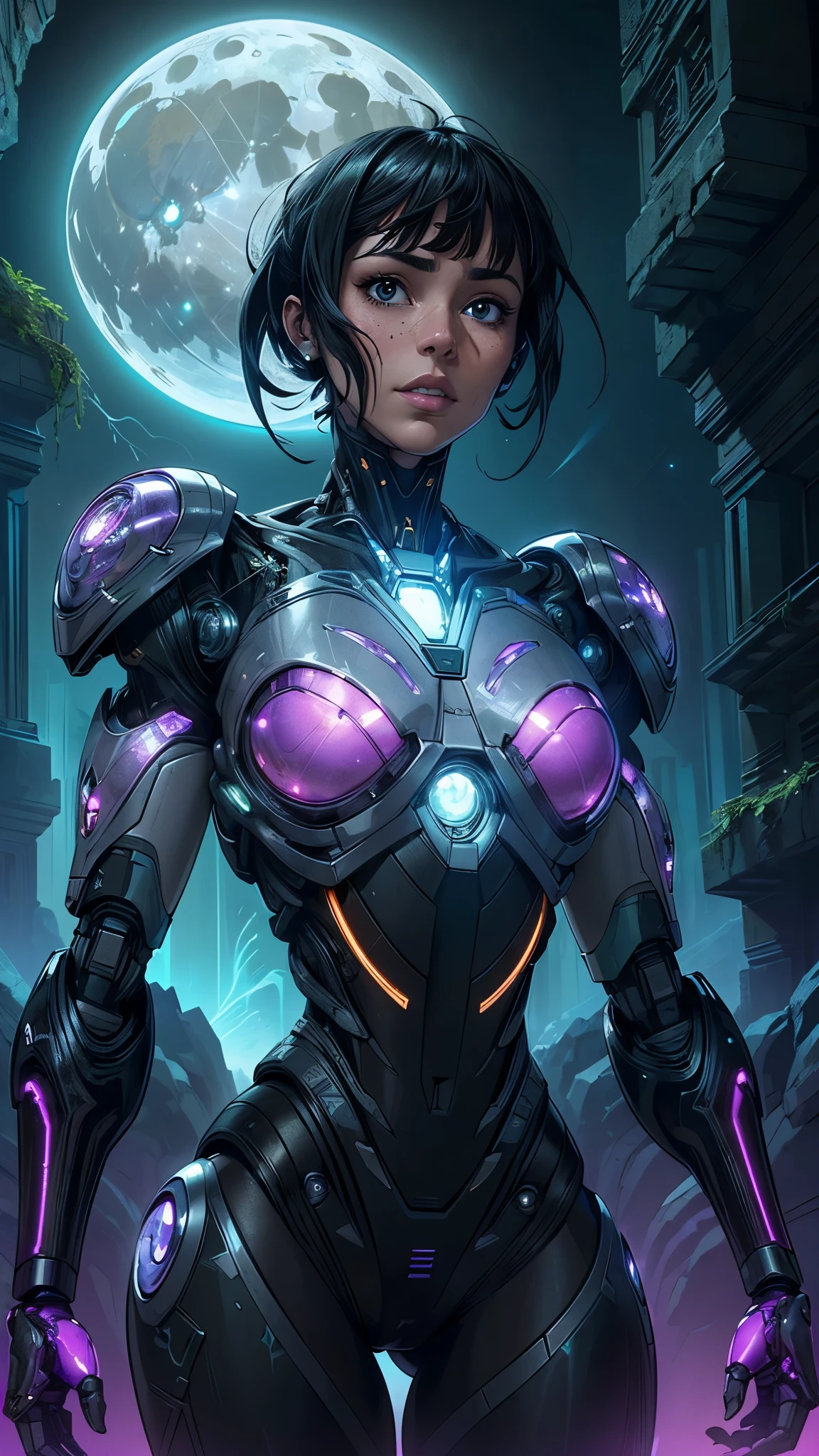 (La mejor calidad,A high resolution,Ultra - detallado,actual),Ariana Grande a bioengineered creature with glowing bioluminescent patterns, (that combines organic and technological elements:1.4) , transitoria, llamativa,( humanoide cyborg transparent :1.4) ,,(Fondo de ruinas de mazmorra en ruinas piedras grandes :1.4 ), de Black Tape Project, NHK Animation, de Andrew Ferez, tono Bubblegum Pink, very dramatic lighting, ,(Fondo de ruinas de mazmorra en ruinas:1.4 ),( face detailed :1.4),( perfect anatomy :1.4), (dynamic cowboy pose), (fondo una luna brillante grande :1.4), ,( humanoide cyborg transparent white V2.1), (hermoso cuerpo tonificado belleza), (colores brillantes),(mecanoide negras de Cyborg robot:1.4)