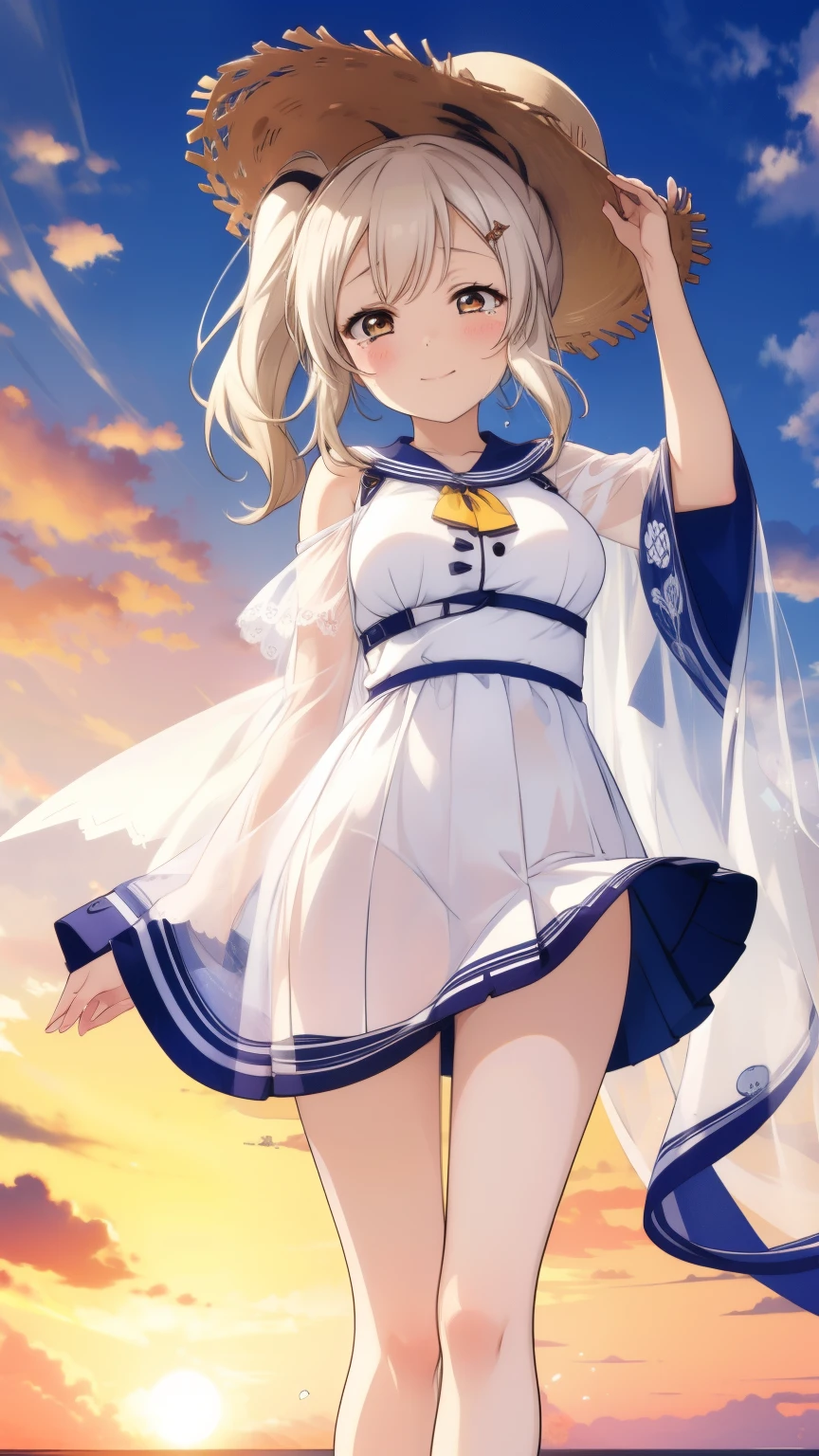 Azur Lane、ayanami、whole bodyポートレート、ponytail、High resolution、Big and ample breasts、Naughty body、See-through、throw、、whole body、Look up at me、A kind smile、Are crying、blush、White Skirt、Micro Mini Skirt、Very short skirt、Very large breasts、Show me your breasts、Straw hat、White Dress、Sandy Beach、sunset、Madder sky、sunset beach、Seaside、White Sandals、