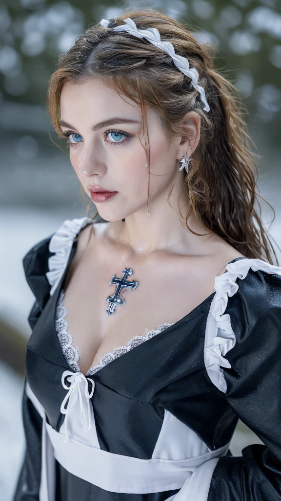 1 miniature Beautiful beautiful woman - Yuan Sayuki, ((top quality, 8K, Masterpiece:1.retty woman, 1 woman, huge breasts:1.3, a slim body:1.1, lush GINGER long hair with 2 buns, (shower, wet body, wet clothes:1.1), very detailed face, detailed lips, detailed eyes, double eyelids, Detailed blue eyes, чрезвычайно Detailed Outstanding Blue Eyes, long GINGER wet hair, GINGER wet hair, Detailed Outstanding Blue Eyes, innocent look at the viewer, very wet wavy white hair, Detailed Outstanding Blue Eyes, huge cross earrings, Outdoors, badges behind, gothic maid uniform, sexy maid dress, bare chest, huge chest tattoo, detailed huge catholic cross earrings, chest tattoo, Outside, wear a silver cross (Detailed cross shape), reality mode, wet breasts, black necklace, human crowd behind, black latex gloves, hair of white snowy colour, night time, red neon lights, demonic nun, nimbus (golden lighting ring above her head), angel, snowy weather, sexy pose, white lingerie, black maid dress, detailed flower wreath made of different colours, open chest (tattoo on her chest)