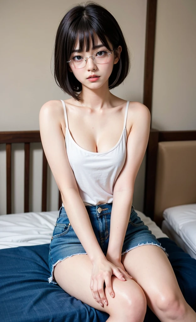 1girl, 18 years old busty woman, shy, eyeglasses, bob_cut, bangs, pink blush, white tank top with thin strap, cleavage, big , small waist, denim, miniskirt, thicc_thighs
thighs, legs, perfect fingers, bedroom, nightime, sitting on bed, 