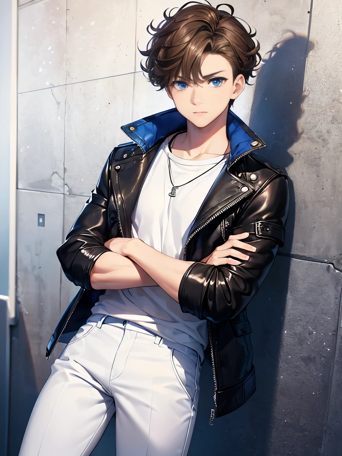 1boy,guy,Stand, arms crossed,blue eyes,half body photo,18 years old,Curly hair,medium hair,undercut hairstyle,light brown hair,black jacket,Leather jacket,white t-shirt,white trousers,morning,ultra detail,masterpiece