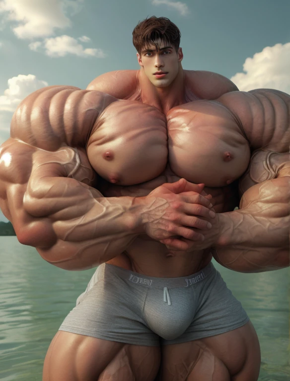 1 boy, giant, model shoot style, looking at camera, standing, cool ambience, outdoor, summer season, at the ocean lagoon, cloudy sky, strong body, bulk, large size, standing, white triangular , prominent bulge, big, brutalmass, giant, muscular body, bulk, massive body, large meaty body size, brown skin, wet