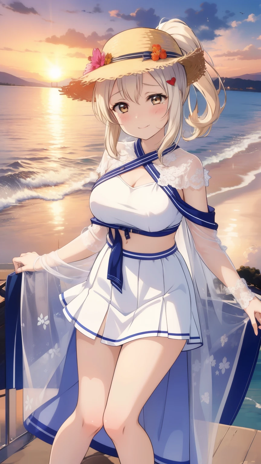 Azur Lane、ayanami、whole bodyポートレート、ponytail、High resolution、Big and ample breasts、Naughty body、See-through、throw、、whole body、Look up at me、A kind smile、Are crying、blush、White Skirt、Micro Mini Skirt、Very short skirt、Very large breasts、Show me your breasts、Straw hat、White Dress、Sandy Beach、sunset、Madder sky、sunset beach、Seaside、White Sandals、