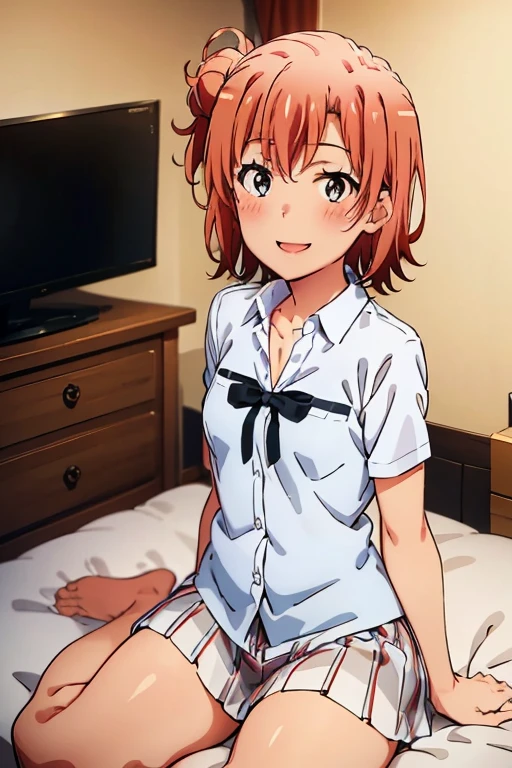 ((highest quality)), ((masterpiece)), (be familiar with), Perfect Face, indoor, Bedroom, Watching the audience,
One woman, Yuigahama Yui,
Open Mouth, Ecstatic expression, blush, smile,
Small breasts, Flat Chest, Young Girl, , , Girl,
Short Hair, Salmon-colored hair, Salmon-colored eyes, Side Pony,
Leg spread,