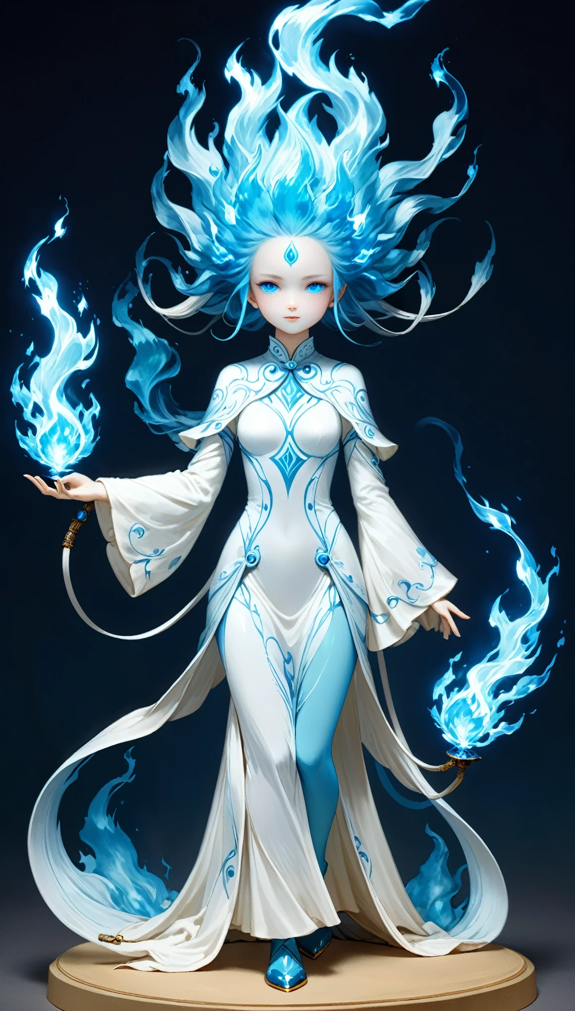 surrealist style,(depicting (((blue fire))) Elemental  figurine designed:1.2),character design by Liu Ye,Edwin Austin Abbey,
BREAK
long white hair,white eyes,white clothes,
BREAK
(pose:1.4),(the lines of movement of the wind:1.4),simple background,(elementalized body:1.1),ring lightning,