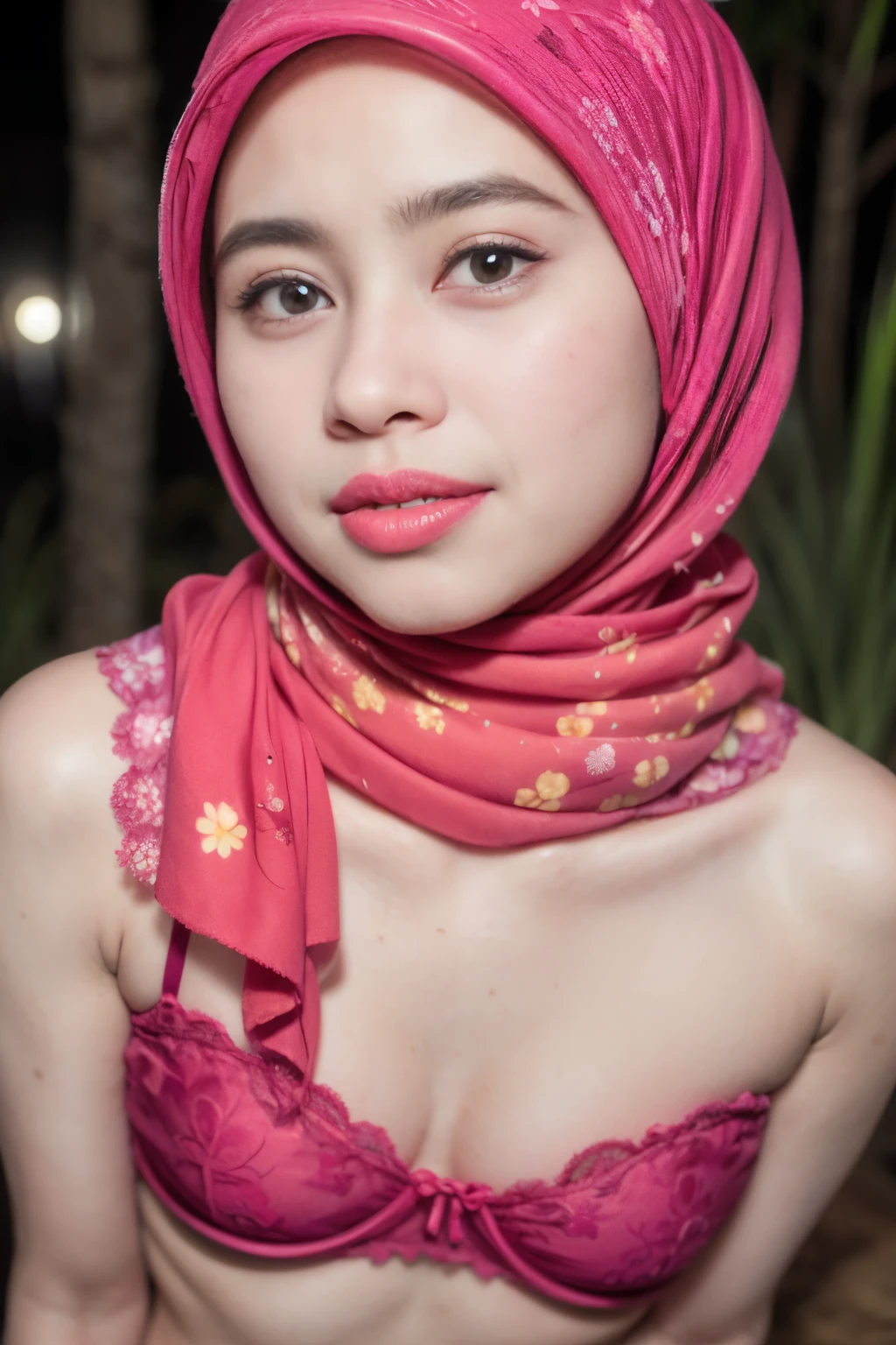 ((thick lips:1.7)), Lace, (Happy smile), (((HIJAB MALAY GIRL))), masutepiece, High quality, UHD 32K, Realistic face, Realistic skin feeling , A Japanese Lady, 8 years old, , Very cute and baby-like face, (((FLAT CHEST))), (Night time at forest), ((look In front at the camera and SADNESS)), (((FLUORESCENCE))), (((CUTE GIRL))), ((RED LIPS)), ((Floral Pattern)) little wearing strapless bra, strapless colorful bra, dark night horror scary place (from behind up) seductive pose