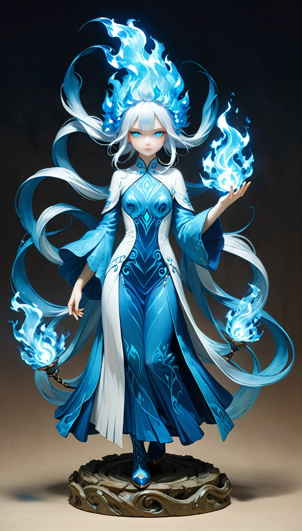 surrealist style,(depicting (((blue fire))) Elemental figurine designed:1.2),character design by Liu Ye,Edwin Austin Abbey,
BREAK
long white hair,white eyes,white clothes,
BREAK
(pose:1.4),(the lines of movement of the wind:1.4),simple background,(elementalized body:1.1),ring lightning,