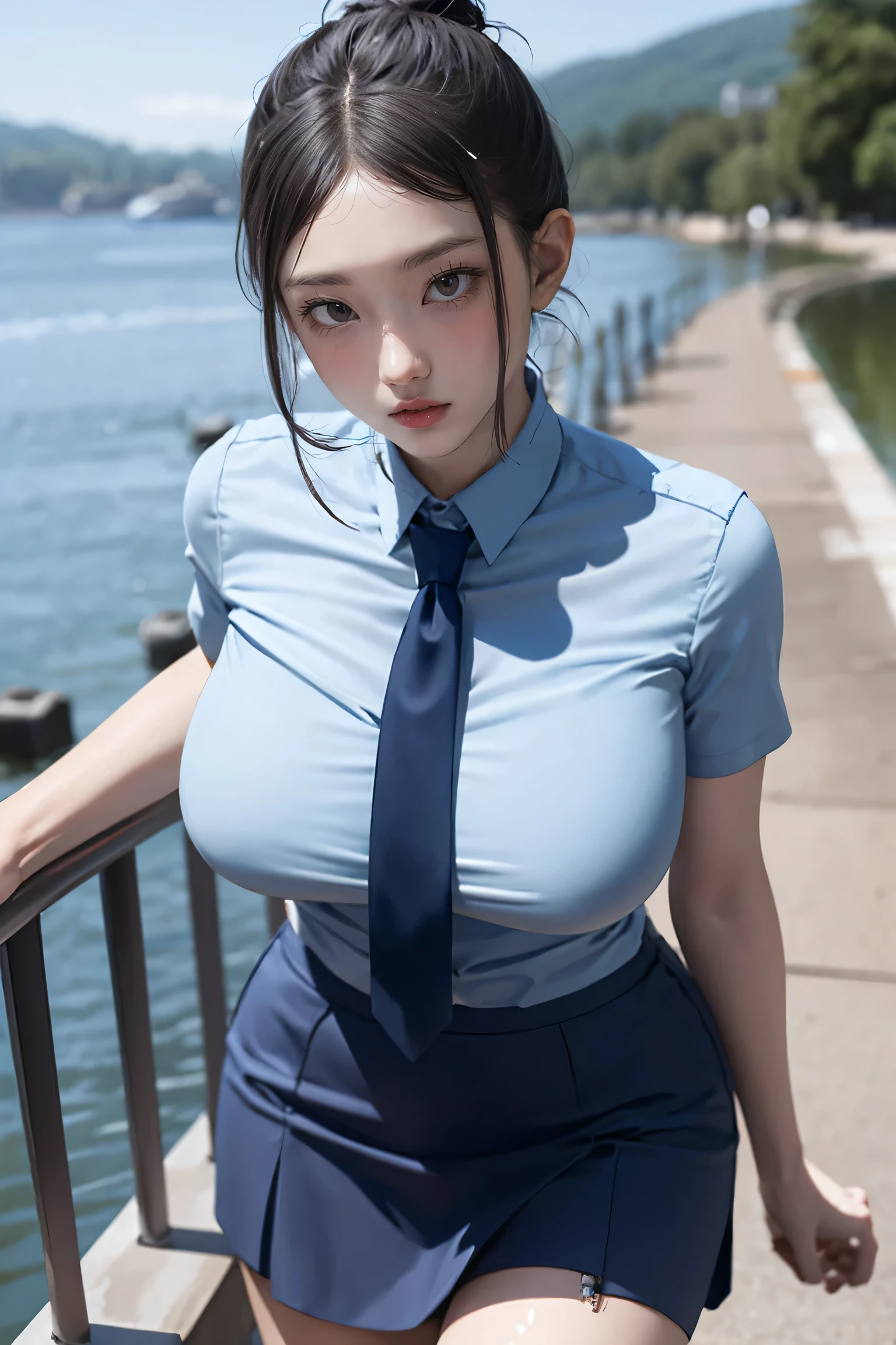 Modest chest, Navy blue tie, Navy Blue Skirt, Light Blue Blouse, Idol sculpture, Waterfront, Wet,Naked trenches (Huge breasts:1.2),Wet skin((Villain))Cool vibe
