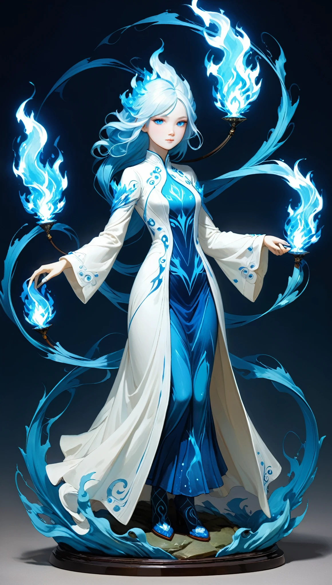 surrealist style,(depicting (((blue fire))) Elemental figurine designed:1.2),character design by Liu Ye,Edwin Austin Abbey,
BREAK
long white hair,white eyes,white clothes,
BREAK
(pose:1.4),(the lines of movement of the wind:1.4),simple background,(elementalized body:1.1),ring lightning,