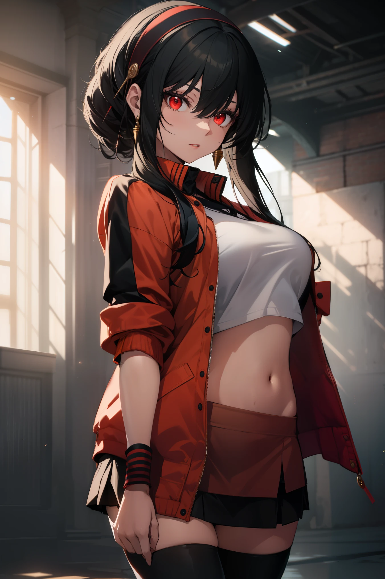 1 girl, extremely long hair, solo, ((muscular)), veins, black hair, yellow eyes, blushing, thick thighs, pale skin, strong, veins, abs, big thighs, huge breasts, navel, standing, angry, stocking, skirt, high heels, crop top, underboob