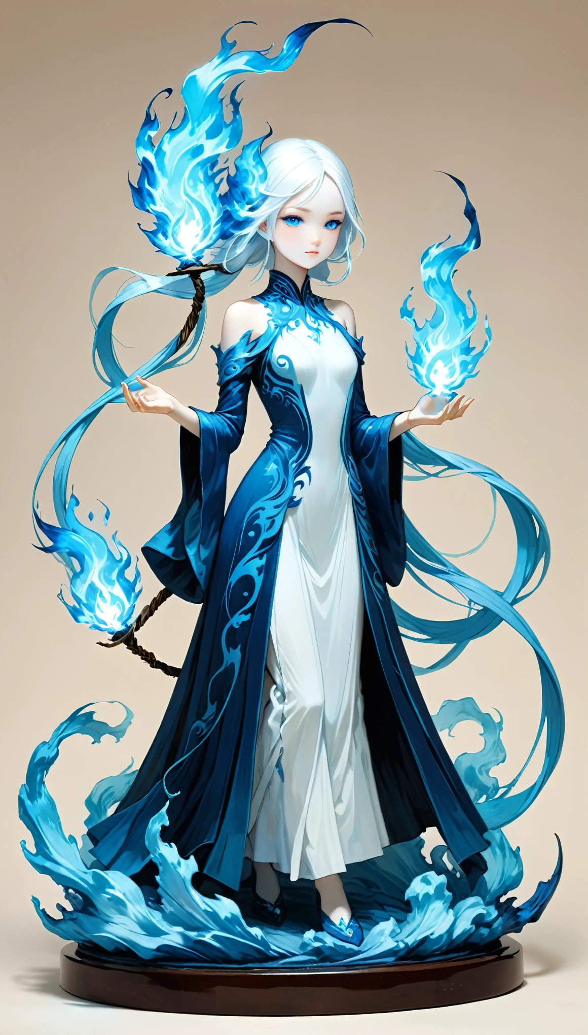 surrealist style,(depicting (((blue fire))) Elemental  figurine designed:1.2),character design by Liu Ye,Edwin Austin Abbey,
BREAK
long white hair,white eyes,white clothes,
BREAK
(pose:1.4),(the lines of movement of the wind:1.4),simple background,(elementalized body:1.1),ring lightning,