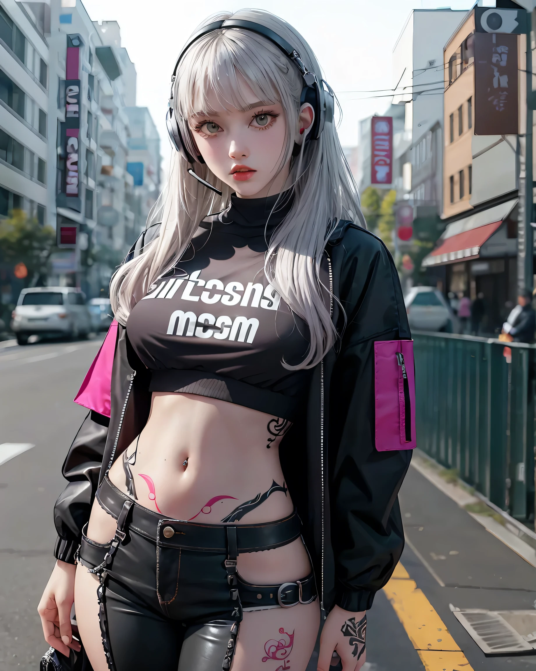 One Girl, Gray Hair, Long Hair, Techwear masterpiece, highest quality, Realistic, realism, Dark purple jacket, Portraiture, fine grain, wearing a headset, Platinum Hair, 21 year old girl, Fashion pose, Half Body, Wide Shot, on the road, cyber punk,(((He has many tattoos all over his body)), (((Tight waist))), ((Big Breasts)),(See-through),panties