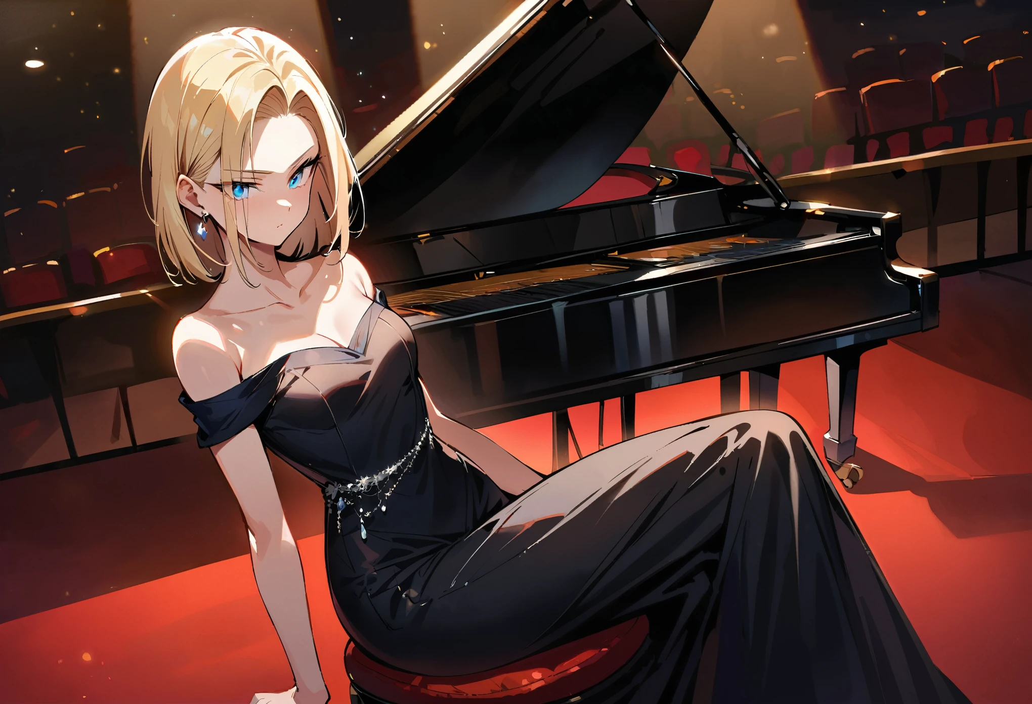 (masterpiece, best quality:1.2), upper body and lap shot showing collarbone, shoulders, hint of toned thighs, solo, Android 18 from Dragon Ball, seated on a luxurious velvet tufted stool, playing a black grand piano on stage, (hands gracefully gliding across the keys), off-shoulder sleek black evening gown with knee-length slit, short blonde hair loose in casual messy style, blue eyes focused on the piano keys, dangling earrings, slender feminine figure, warm stage lighting spotlight, dim auditorium background with plush red seats, concert hall for piano recitals, 4K