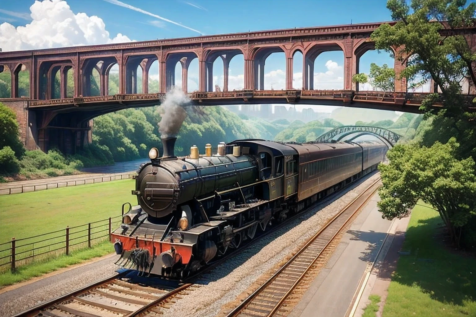 Locomotive crossing an iron bridge
