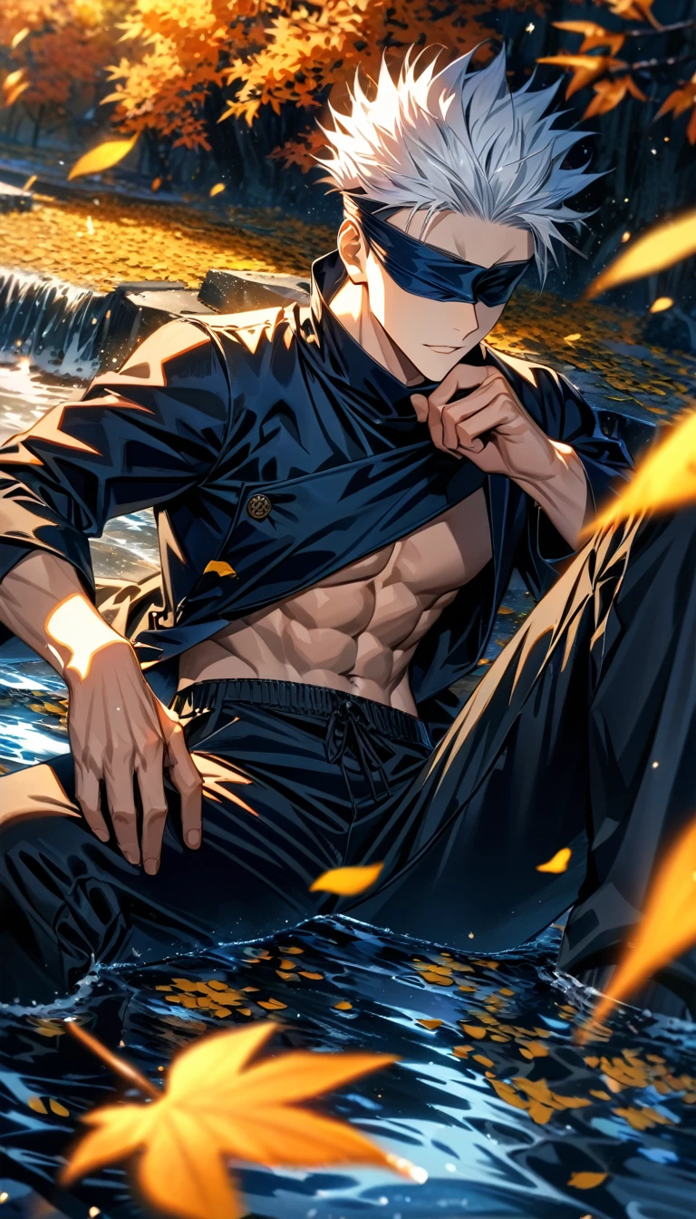 Ultra detailed, highres, absurdres, HDR, Gojo Satoru, white hair, blindfolded eyes, Jujutsu Kaisen, water, autumn, petals, orange and yellow leaves, sexy man, solo, extremely handsome, very detailed face and eyes, black shirt, black long coat, black pants, toned chest, sitting