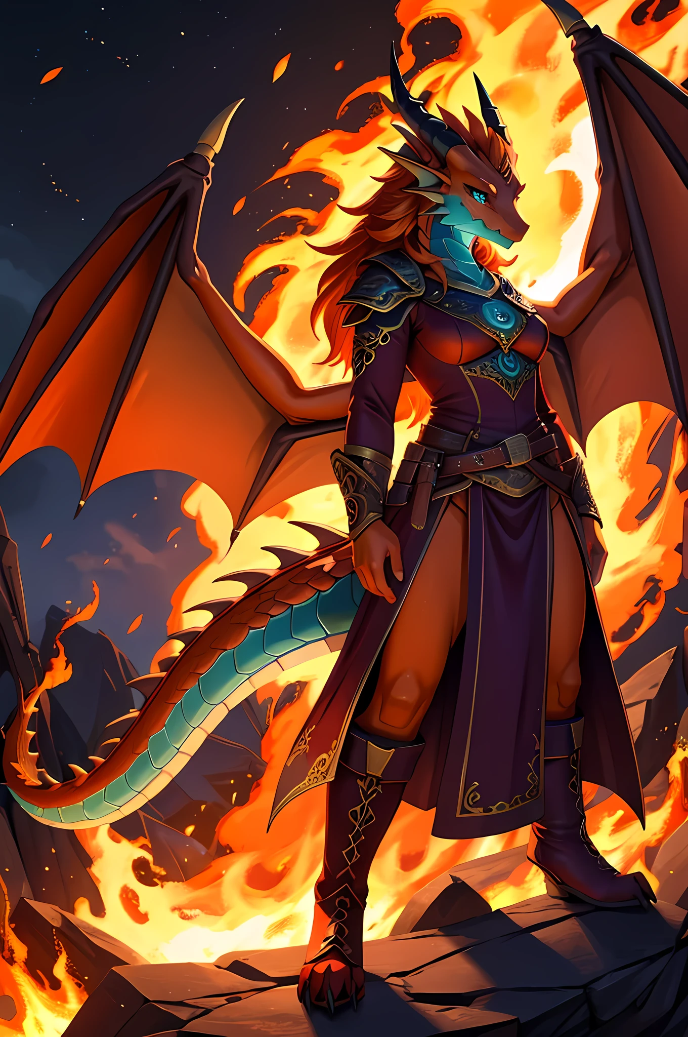 bright colors, fantasy style art, looking at viewer, facing viewer, beautiful anthropomorphic female dragon, mature and young, tall character, 5 feet 11 inches tall, dragon body, dragon head, dragon snout, dragon eyes, dragon skin, glowing teal eyes, orange skin, long wavy bright orange hair, shapely body, skinny body, healthy body, orange scaly dragon skin, highly detailed scales, covered in orange scales, purple and red warrior outfit, ornate red clothes, fancy purple patterns and symbols, 2 red dress coattails hanging down her sides, high brown leather boots, long draping red sleeves, 2 large orange dragon wings, wings on both sides, orange dragon horns, fiery background, standing in the fire, flames swirling in the background, flames floating in the air, engulfed in flames, heroic look, slightly smiling, high quality digital art, 2k, professional illustration, dramatic lighting, cinematic composition, highly detailed