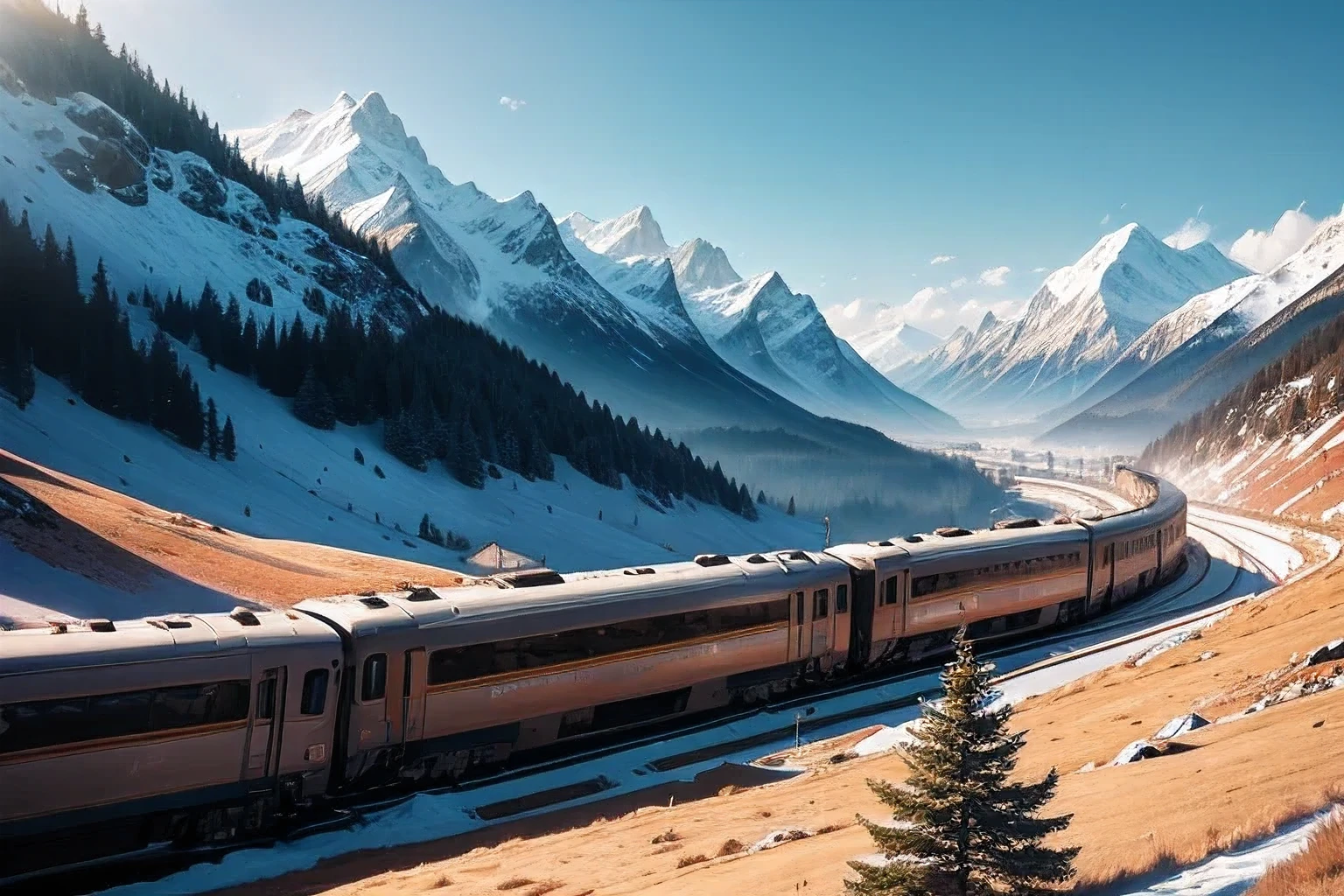 Train running through the mountains