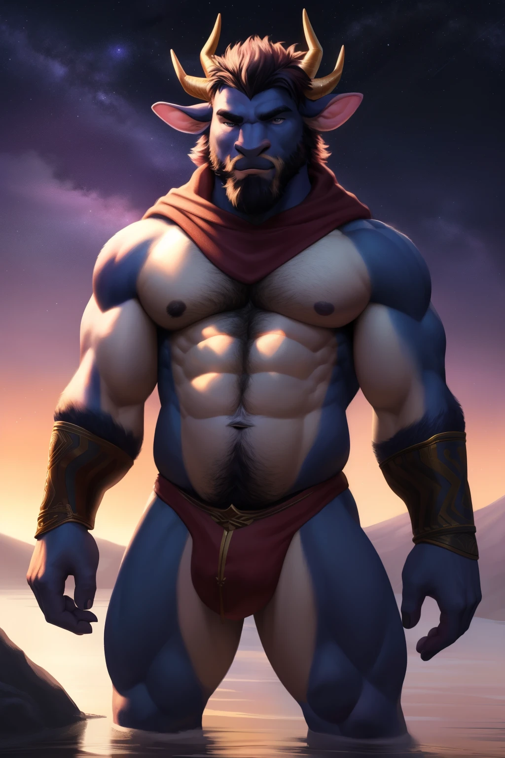 This image showcases an exquisite, hyper-realistic portrayal of a mythical creature, reminiscent of a satyr. The subject, a bald man sporting a goatee, possesses elongated, pointed ears and a muscular, hairy physique that epitomizes masculinity. He stands authoritatively with arms crossed, cloaked in a confident pose, amidst a cosmic backdrop filled with twinkling stars, bathed in a lavender and pink ambiance. The warm, golden hour lighting envelops the figure, accentuating his features and imbuing the scene with a dreamlike, ethereal aesthetic.
Camera Manufacturer Brand: Can