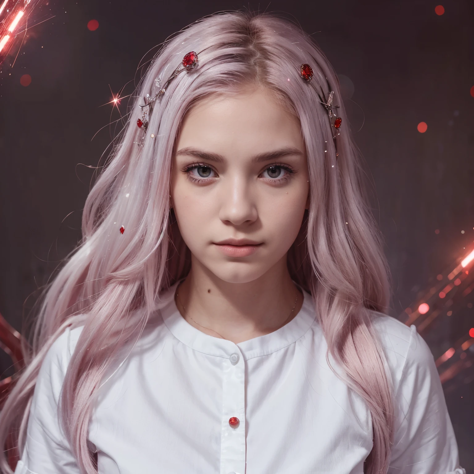 Un personaje de My hero academy que sea mujer , He will have long hair, his hair is white with red sparkles., tiene el ojo derecho color rojo y el izquierdo rosa , una cicatriz al rededor del ojo izquierdo