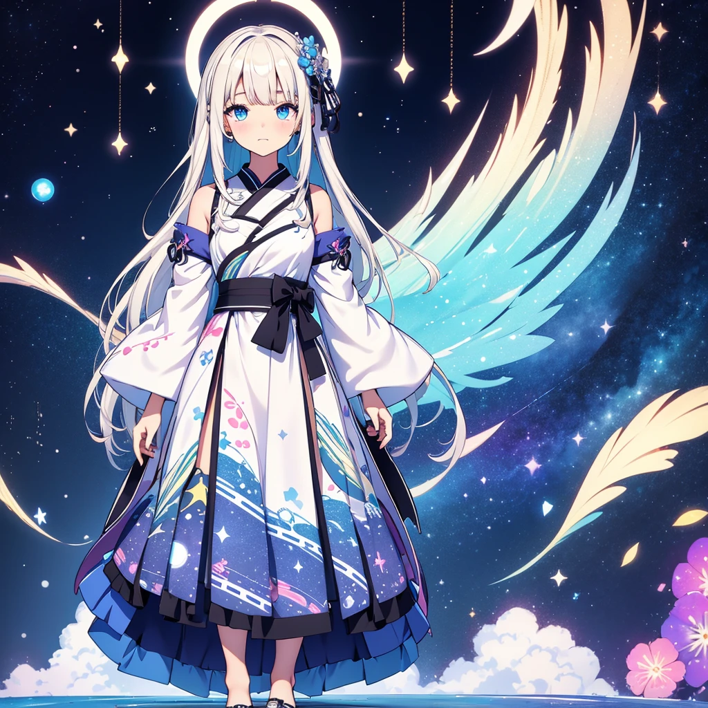 vtuber-fullbody、standing strait、super high quality、masterpiece、muste piece、1 girl, Milky white smooth long hair　blue gradation、 full body、A mini dress that is a remake of a galaxy-patterned yukata.、shoulder-length、 Waiting to start,Ultra-detailed eyes、Droopy and sparkling eyes、