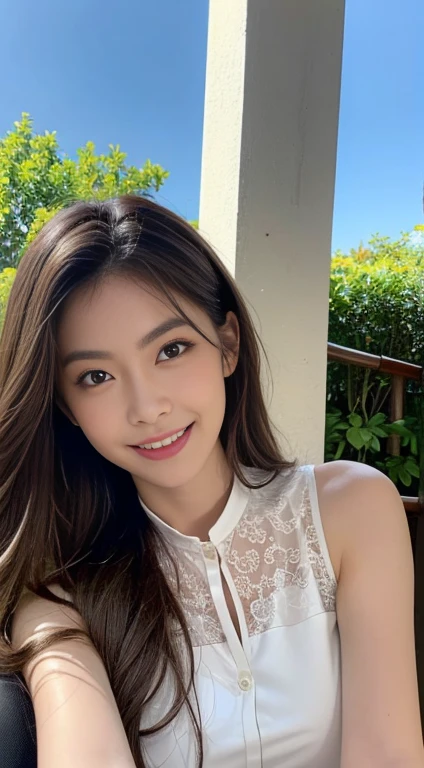 ((Realistic lighting、highest quality、8k、masterpiece:1.3))、Clear focus:1.2、One Girl、Perfect body beauty:1.4、Slim Abs:1.1、whole body、((Dark brown hair、Large Breasts:1.3))、(Acceleration:1.4)、(Fresh、dawn:1.1)、View of Waikiki Beach、Palm tree、Thin face、Beautiful Eyes、double eyelid、Fashion model posing、Floating Hair、Blouse made entirely of lace,A glamorous and elegant impression、meanwhile、Adorable smile