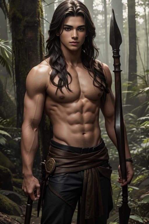 handsome ager shirtless, and holding a spear, cabelo preto muito curto, fundo da floresta