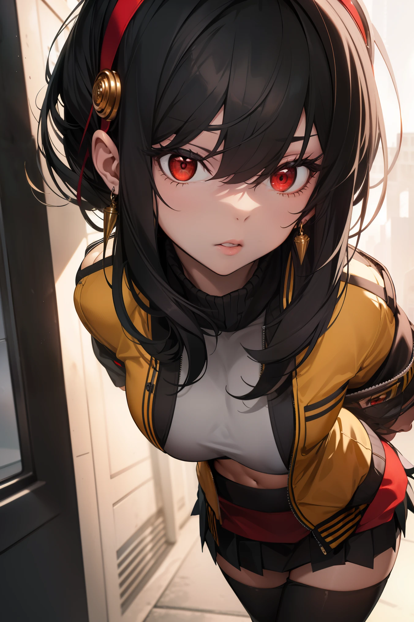 Ajof, side locks, golden hairband, hair adornments, ((Red eyes:1.5)), gold earring, Large breasts,((black hair:1.5)),
BREAK ((wearing a miniskirt and cool jacket, tights:1.5)),
BREAK bdsm, (bondage:1.2), (bound_legs:1.2), interracial, navel, arms behind,
BREAK (masterpiece:1.2), best quality, high resolution, unity 8k wallpaper, (illustration:0.8), (beautiful detailed eyes:1.6), extremely detailed face, perfect lighting, extremely detailed CG, (perfect hands, perfect anatomy),