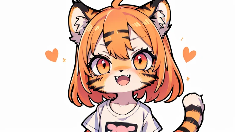 (masterpiece, High quality, Best quality, 8k, High resolution), ((chibii style, chibi cute)), (solo, 1  girl), {tiger girl, tiger face, 2 fangs, long eyelashes, eyeliner} {tiger whiskers}, (((Tiger skin all over the body, Tiger stripes on the body))), (orange hair), short hair, hair clip, [[hair clip white flower on hair]], ((very happy)), ((open mouth)), orange eyes, [black pupile], ((looking up)), (very small breasts), thin arms, (one Arm up, one arm down), armpits, ((mini pink T-shirt, full pink T-shirt)), {white shorts}, {{{mini tiger Tail, Tail on the back}}}, (full body), (((standing, jumping chopped angle))), dynamic pose, white background, simple background, ((((Tora-chan no Hanayome style)))), (old anime 40s style), anime style, anime color.