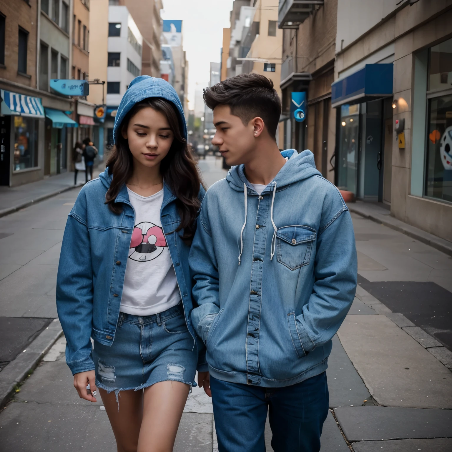 Cute cartoon boy wearing blue hoodie talking on the phone and looking at a cute cartoon girl wearing an oversized denim jacket talking on the phone with eachother looking at eachother walking towards eachother