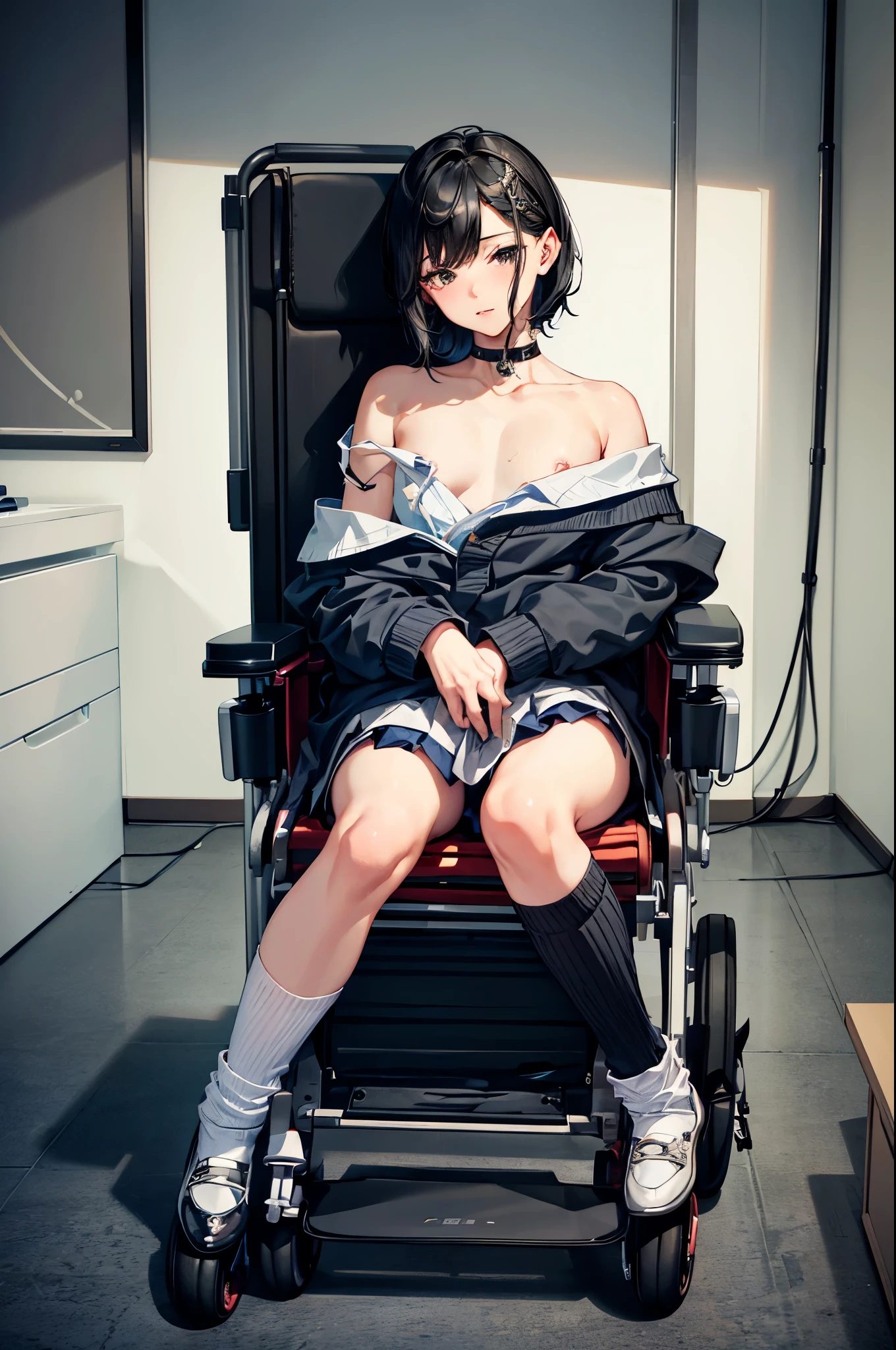 (Super detailed, realistic), hospital scene, [Moderately:Oil], [Professional:1.1], [Physically based rendering], [bright colors], [sharp focus], [studio lighting], [extreme details], [highest quality,4k,8K,High resolution,masterpiece:1.2],(detailed face),inside the house,inside the room,((One 18-year-old boy,femboy,trap)),(short black hair),(dark), [nervous eyes],(casual ladies fashion,off shoulder,skirt,socks,),((ride in an electric wheelchair)),((operate a power wheelchair))