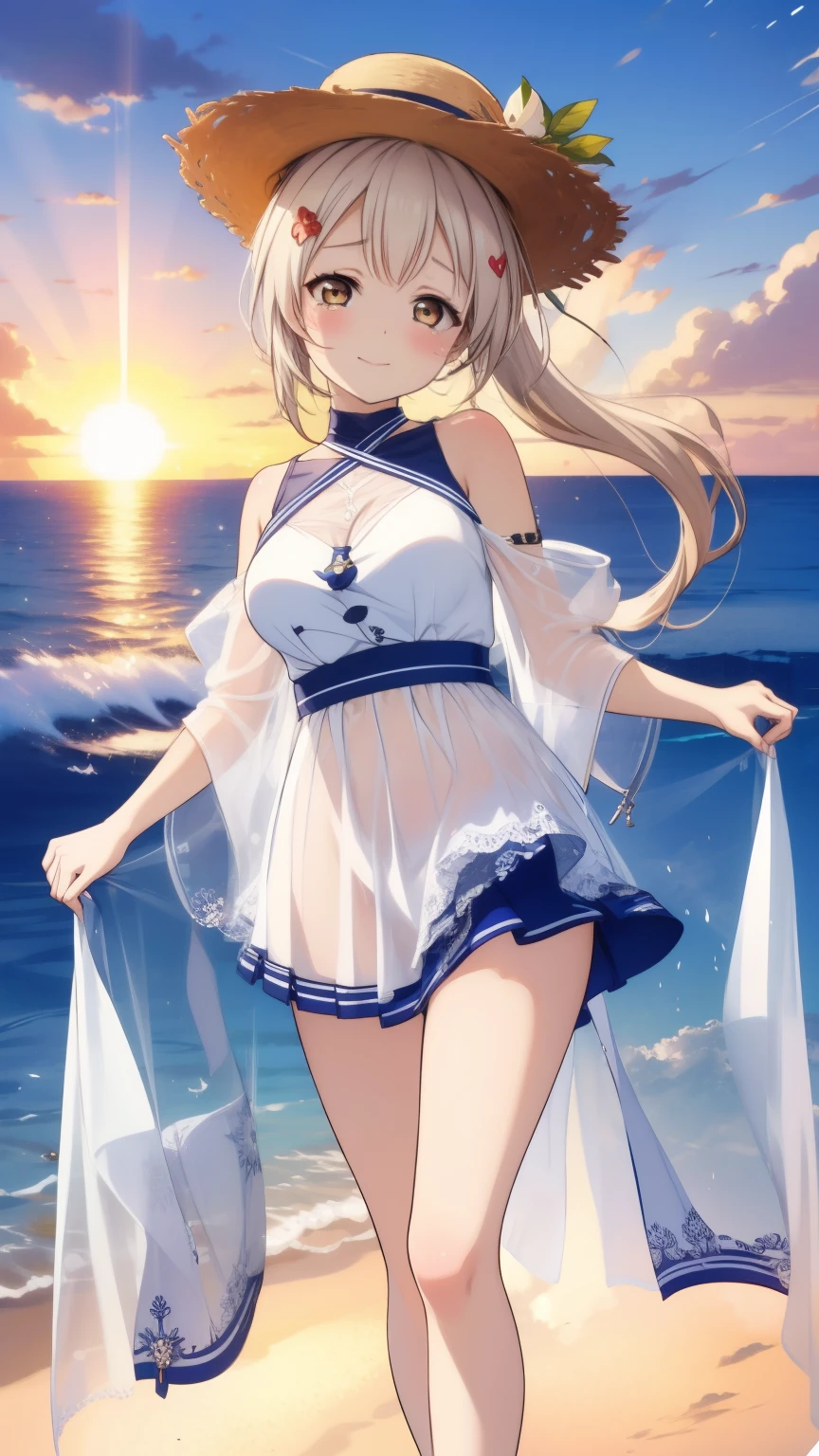 Azur Lane、ayanami、whole bodyポートレート、ponytail、High resolution、Big and ample breasts、Naughty body、See-through、throw、、whole body、Look up at me、A kind smile、Are crying、blush、White Skirt、Micro Mini Skirt、Very short skirt、Very large breasts、Show me your breasts、Straw hat、White Dress、Sandy Beach、sunset、Madder sky、sunset beach、Seaside、White Sandals、