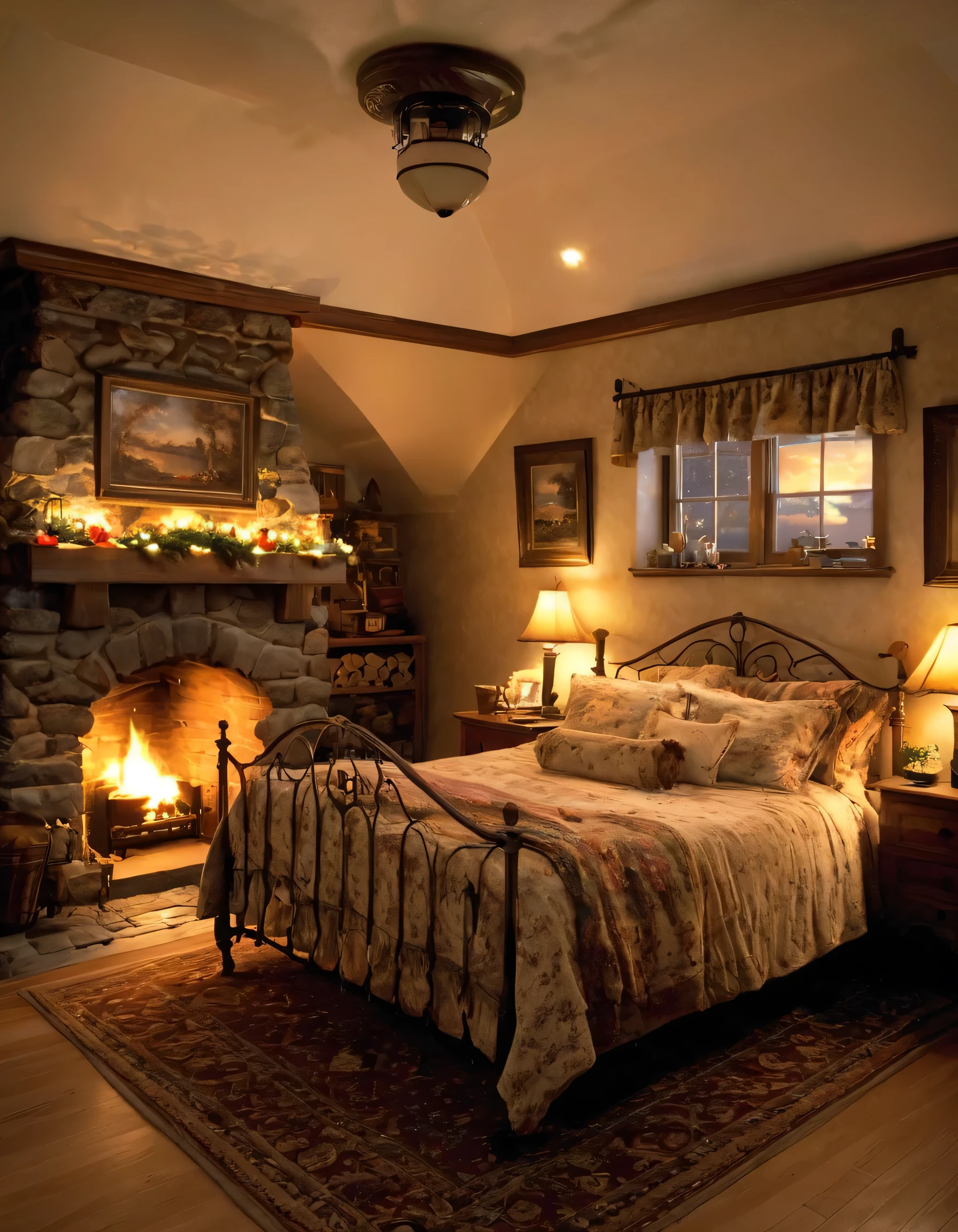 arafed bedroom with a fireplace and a bed with a blanket, thomas kinkade. cute cozy room, cozy and calm, cozy setting, very cozy, cozy wallpaper, cozy room, cozy place, cozy and peaceful atmosphere, cosy enchanted scene, cozy candlelight, cozy environment, cozy bed, soothing and cozy landscape, cozy atmosphere, cosy fireplace