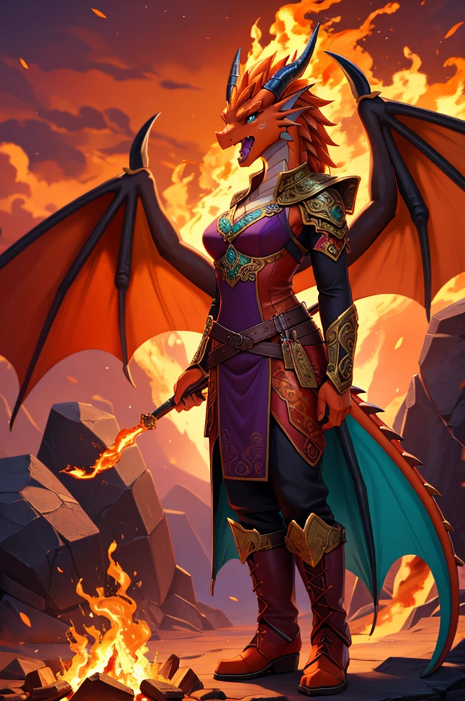 bright colors, fantasy style art, looking at viewer, facing viewer, beautiful anthropomorphic female dragon, mature and young, tall character, 5 feet 11 inches tall, dragon body, dragon head, dragon snout, dragon eyes, dragon skin, glowing teal eyes, orange skin, long wavy bright orange hair, shapely body, skinny body, healthy body, orange scaly dragon skin, highly detailed scales, covered in orange scales, purple and red warrior outfit, ornate red clothes, fancy purple patterns and symbols, 2 red dress coattails hanging down her sides, high brown leather boots, long draping red sleeves, 2 large orange dragon wings, wings on both sides, orange dragon horns, fiery background, standing in the fire, angry look, breathing fire, fire coming out of her mouth, blasting fire with her mouth, open mouth, high quality digital art, 2k, professional illustration, dramatic lighting, cinematic composition, highly detailed