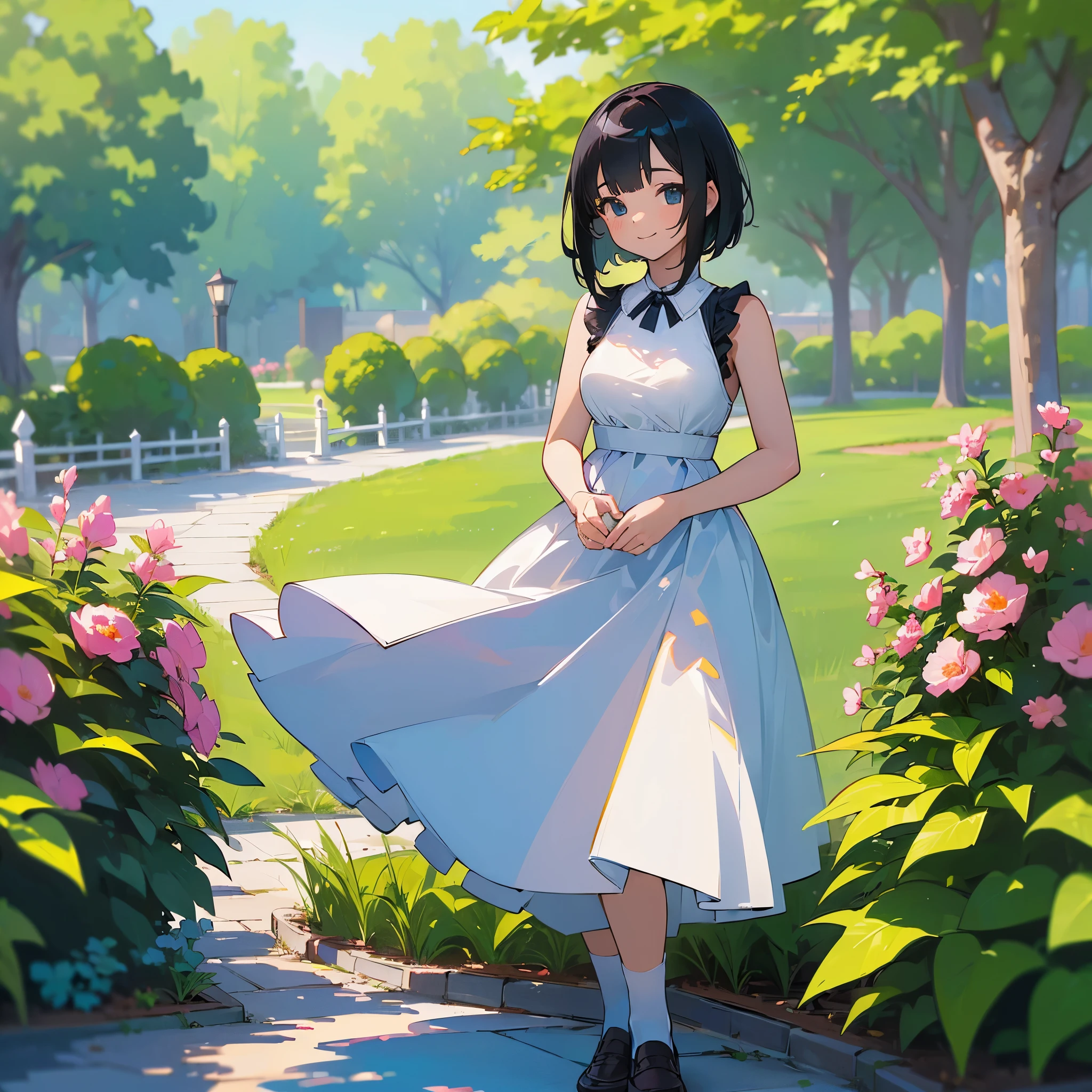 (high quality, High resolution, Very detailed, reality:1.37), Peaceful atmosphere, (Outdoor, garden), girl standing alone, (my breasts are big.), Beautiful details, Cute Smile, (Black bob hair), White sleeveless dress, socks, loafers.