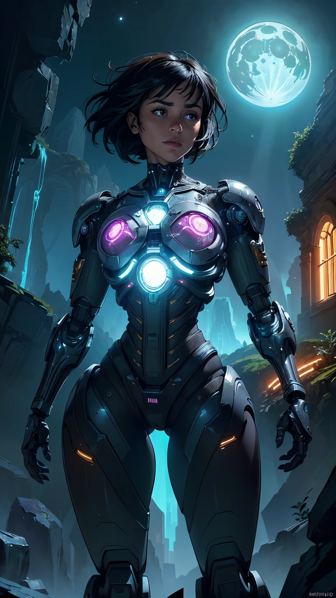 (La mejor calidad,A high resolution,Ultra - detallado,actual),Ariana Grande, a bioengineered creature with glowing bioluminescent patterns, (that combines organic and technological elements:1.4) , transitorio, llamativa,( humanoide cyborg transparent :1.4) ,,(Fondo de ruinas de mazmorra en ruinas piedras grandes :1.4 ), Proyecto Cinta Negra, NHK Animation, by Andrés Ferez, tono Rosa Chicle, very dramatic lighting, ,(Fondo de ruinas de mazmorra en ruinas:1.4 ),( cara detallada :1.4),( perfect anatomy :1.4), (dynamic cowboy pose), (fondo una luna brillante grande :1.4), ,( humanoide cyborg transparent white V2.1), (hermoso cuerpo tonificado belleza), (colores brillantes),(mecanoide negras de Cyborg robot:1.4)( cinematic lighting :1.4)