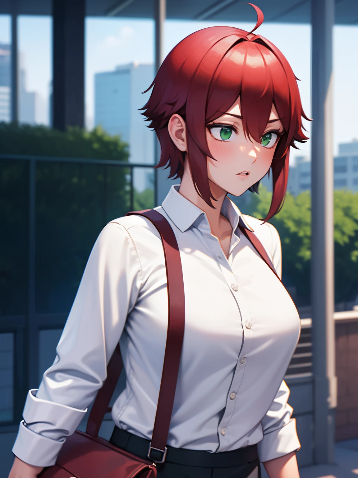 8k, best quality, masterpiece, ultra-detailed,1girl,solo, green eyes,Looking away, looking away,,short hair, eyes,red hair,white shirt,white shirt,Long-sleeved shirt,black trousers,ultra detail, ultra HD