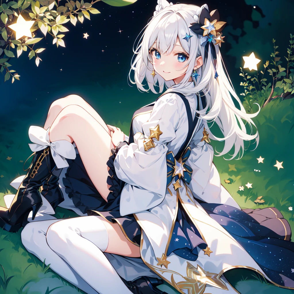 Clear colorasterpiece)、(highest quality)、(An illustration)、(Beautiful details)、1 Girl、solo、Looking at the viewer、、Long Hair、blue eyes、smile、vtuber-fullbody、Star Fairy、最高masterpiece、Official Art、Super detailed、super beautiful、かわいいStar Fairy、White hair straight short hair、Milky Way、universe、star charm、Star、Baby Face、Knee-high boots、Japanese pattern dress、浴衣をリメイクした黒と紺色のuniverseを思わせるOiranフリルドレス、Oiran、Simple Background、Green background、