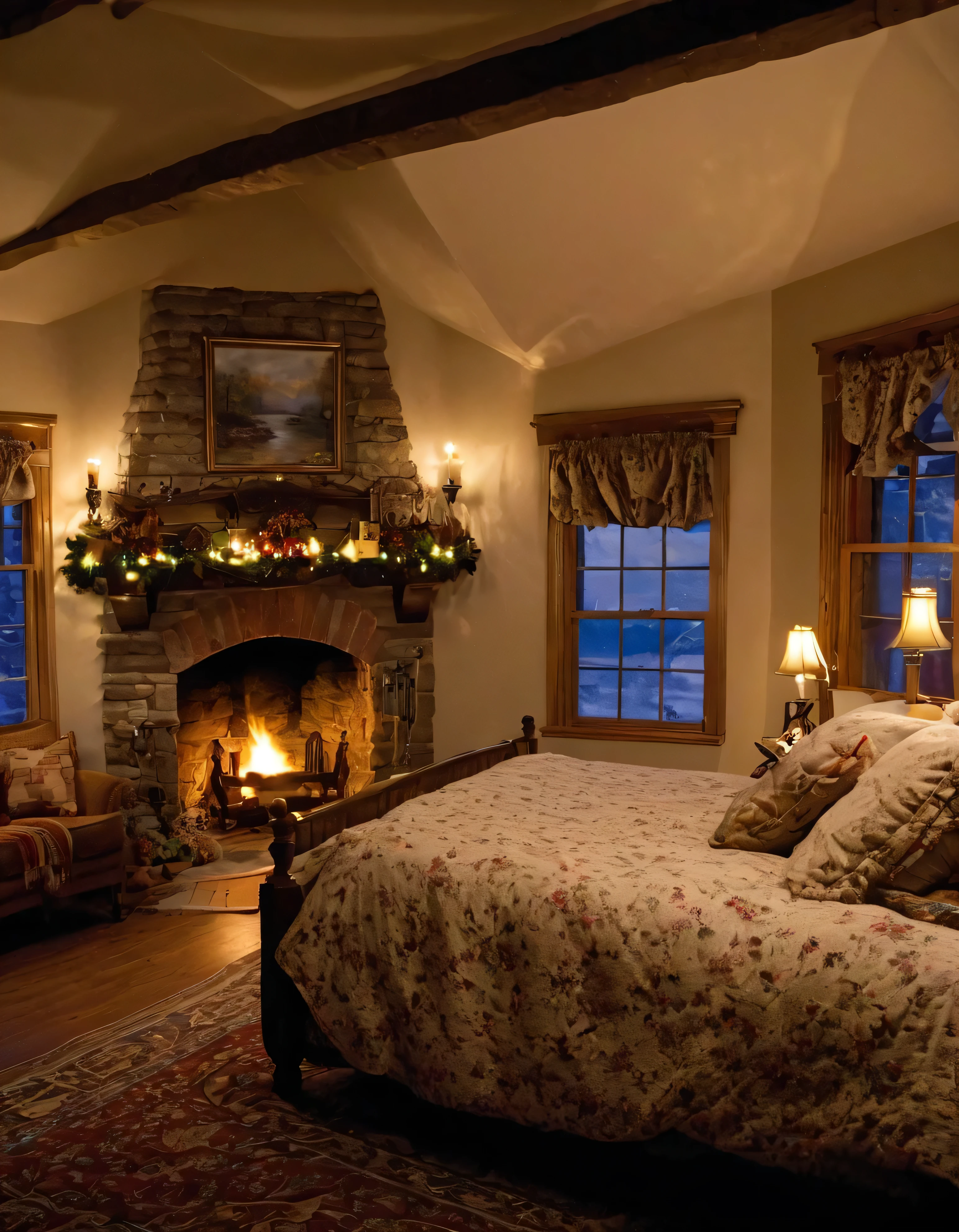 arafed bedroom with a fireplace and a bed with a blanket, thomas kinkade. cute cozy room, cozy and calm, cozy setting, very cozy, cozy wallpaper, cozy room, cozy place, cozy and peaceful atmosphere, cosy enchanted scene, cozy candlelight, cozy environment, cozy bed, soothing and cozy landscape, cozy atmosphere, cosy fireplace