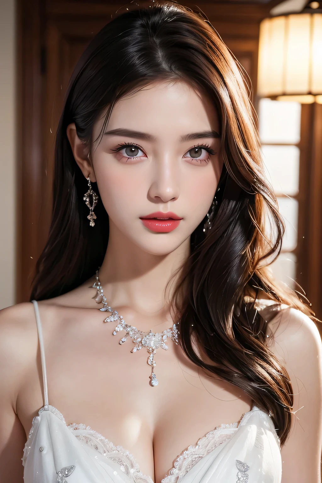 High-quality work,Realistic works,Super premium graphics,8K HD CG works,high quality graphics,High-definition and exquisite CG works,10x pixels,Ultra-fine details:1.1,Advanced technical details:1.1Realistic photo effects,Interior lighting effects:1.5,natural soft light:1.5. Light effect(Virtual light effects:1.8),ultra high resolution,shining dress,sliver long hair,silber hair,transparenthair,high detailed hair(Quality hair details:1.1)Clear eyes,Double eyelids look good,Sharp eye makeup, Create exquisite eyelash makeup, tthin eyebrows, Ultra-detailed eyes,a tall nose, lovely red lips, rosey cheeks, With delicate makeup on her face , pretty face, The face shape is perfectly proportioned,(Advanced facial details:1.1)Gentle and beautiful girl, (185cm美女), (fit), Imperial sister, Queen temperament, White skin, ((Long legs)), perfect facial features, Bright Eyes, Seductive pose, Red lips, Beautiful and cold (A major breakthrough)), Beautiful and heroic, Soft and long hair, Glittering, Lace, net, Visible through clear skin, wear glasses, diamond earrings, ruby neckLace, (Purple dress), 8K Image Quality, (Realistic Portraits), Characters fill the screen, (Facial lighting), ((eternal) ,Women's artwork,Dress full body video,Realism,Amazing Cleavage,My eyes are very bright today