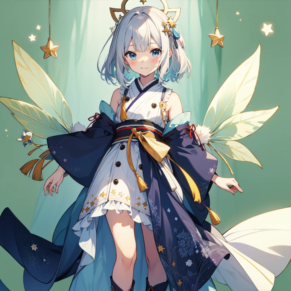 (masterpiece)、(highest quality)、(An illustration)、(Beautiful details)、(High Resolution)、1 Girl、solo、Looking at the viewer、、Long Hair、blue eyes、smile、vtuber-fullbody、Star Fairy、最高masterpiece、Official Art、Super detailed、super beautiful、かわいいStar Fairy、White hair straight short hair、Milky Way、universe、star charm、Star、Baby Face、Knee-high boots、Japanese pattern dress、浴衣をリメイクした黒と紺色のuniverseを思わせるOiranフリルドレス、Oiran、Simple Background、Green background、