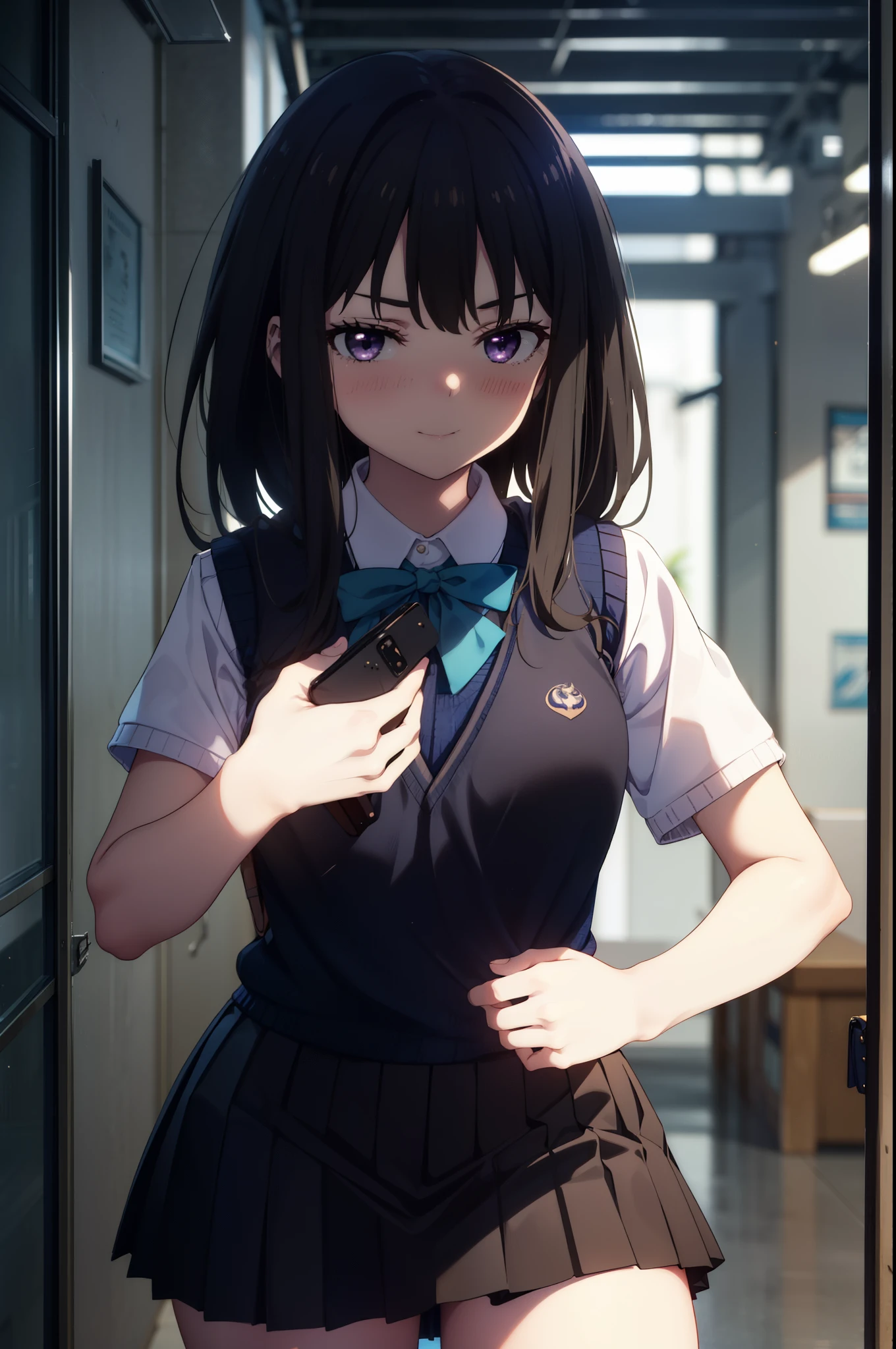 Takiuchi, Inoue Check, Long Hair, bangs, Black Hair, (Purple eyes:1.2),smile,blush,full body,
white yシャツ, Short sleeve, Pleated skirt, Collared shirt, mini skirt, Black pantyhose, (Black Skirt:1.5), Sweater vest, (blue Sweater vest:1.5),Brown Loafers,Daytime,sunny,walking,whole bodyがイラストに入るように, break looking at viewer whole body,
break indoors, School corridor,
break (masterpiece:1.2), highest quality, High resolution, unity 8k wallpaper, (shape:0.8), (Beautiful details:1.6), Highly detailed face, Perfect lighting, Extremely detailed CG, (Perfect hands, Perfect Anatomy),
